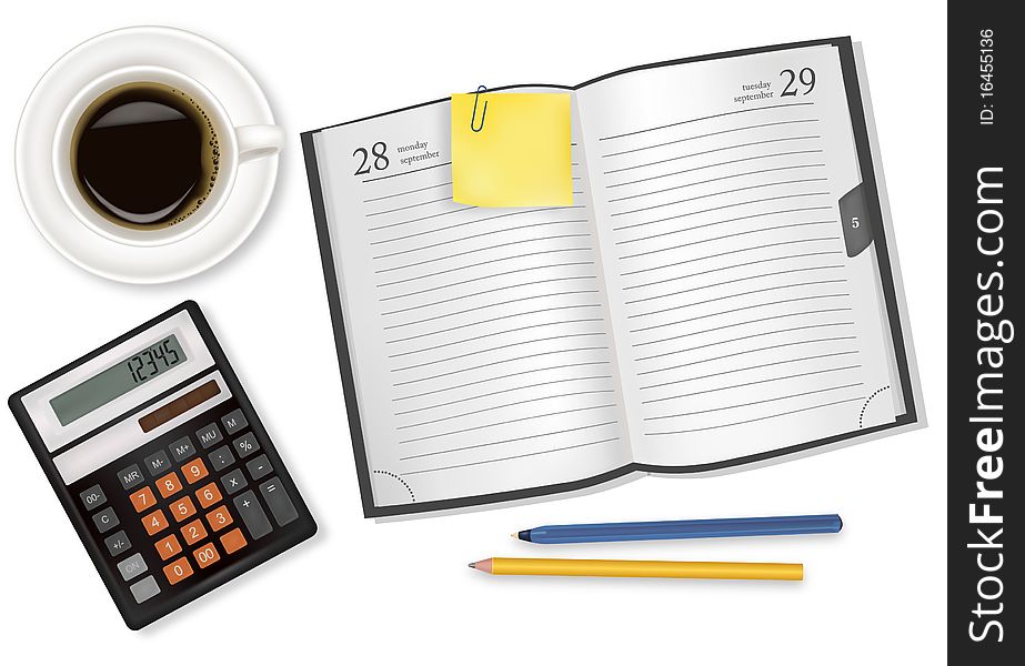 Cup of coffee and a diary. Vector. Cup of coffee and a diary. Vector.