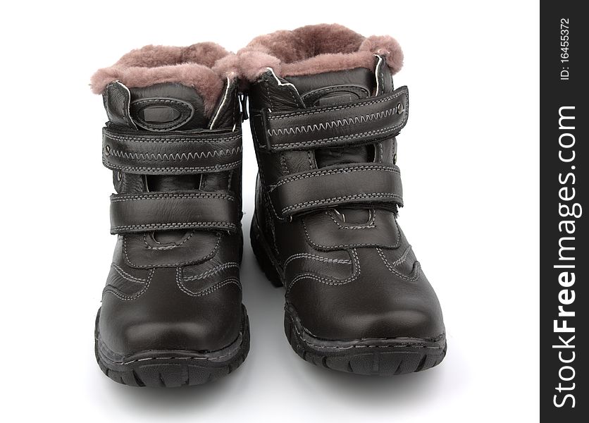 Children's boots back, leather, winter on a white background