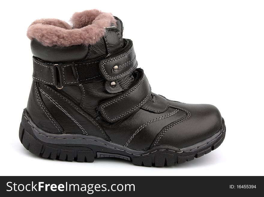 Children's boot back, leather, winter on a white background