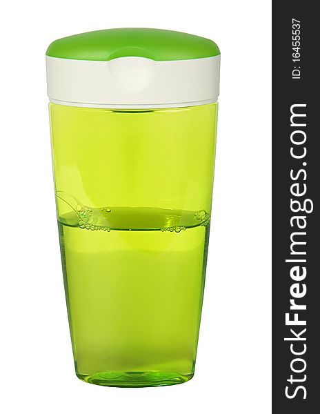 One green plastic a bottle isolated on a white background