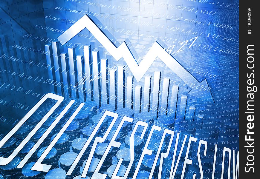 Several Oil Drums with Downward Pointing Stock Arrow and Oil Reserves Text. Several Oil Drums with Downward Pointing Stock Arrow and Oil Reserves Text