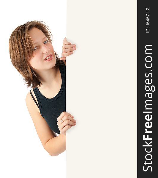 Young girl holding a blank billboard