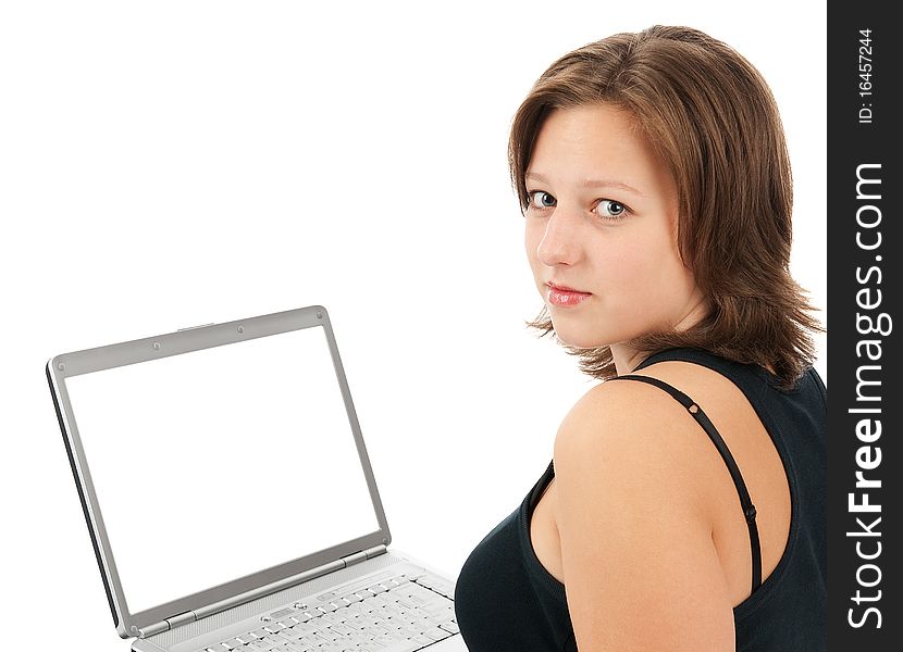 Young woman with a laptop isolated on a white