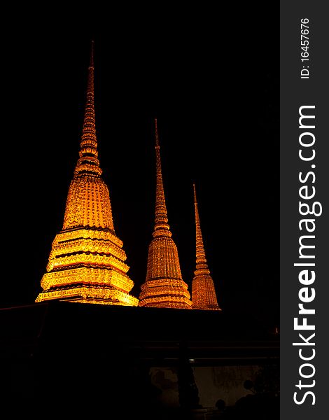 Pagoda at night. Attractions in Bangkok Cultural art treasures.