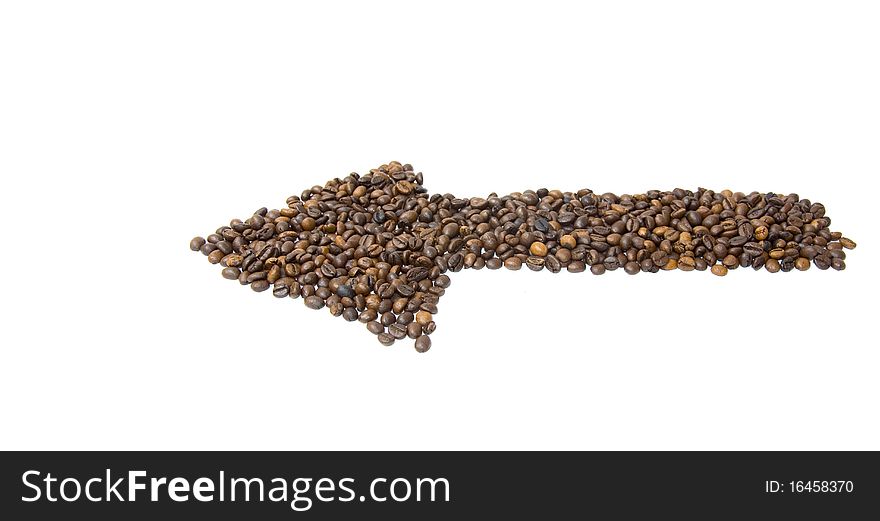 Arrow made of coffee beans isolated on white background