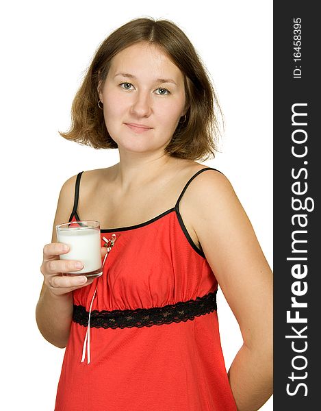 Adorable woman wth glass of milk over white. Adorable woman wth glass of milk over white