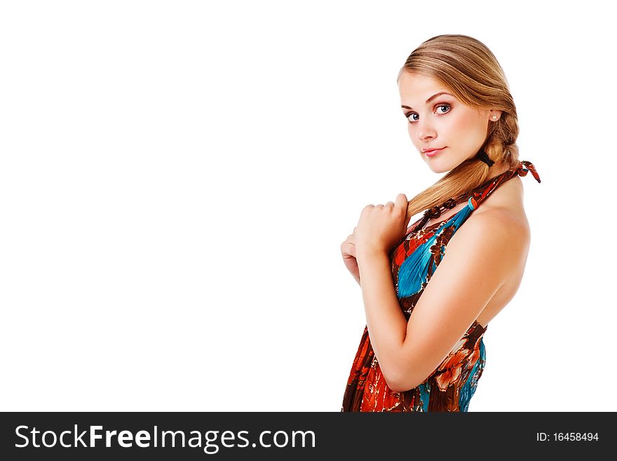 Picture of a charming young lady in colorful dress on white background