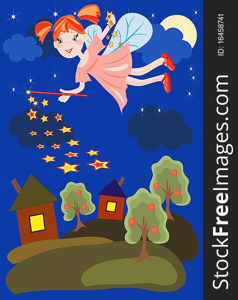 Night background with funny redhead fairy. Night background with funny redhead fairy