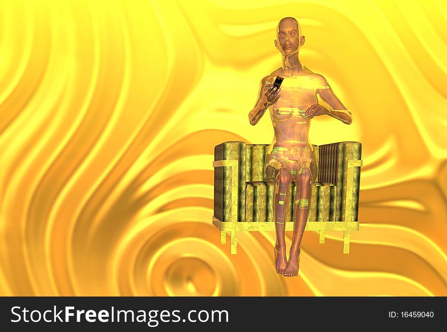 Futuristic woman render with tv remote and chair