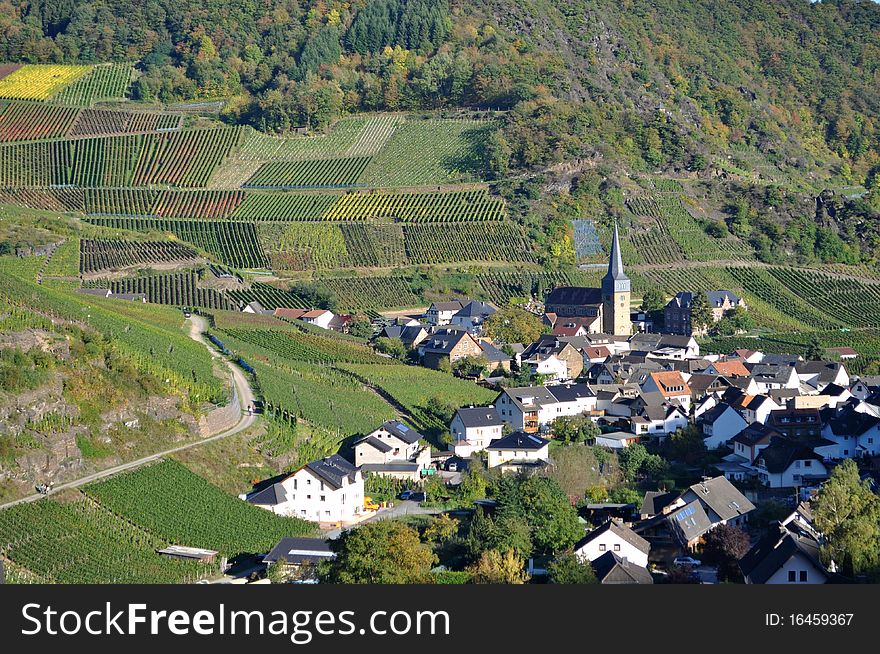 Vineyard Landscape With Village In Autumn Colors