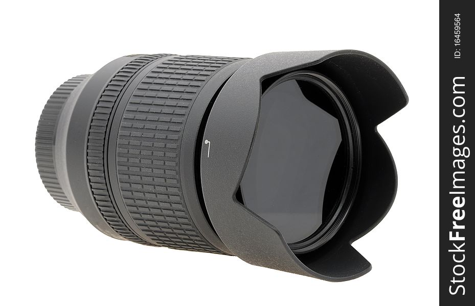 Fast black lens with hood and filter