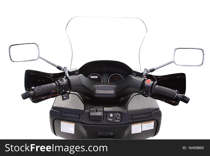 The image of motorcecle handlebars and gage panel under the white background