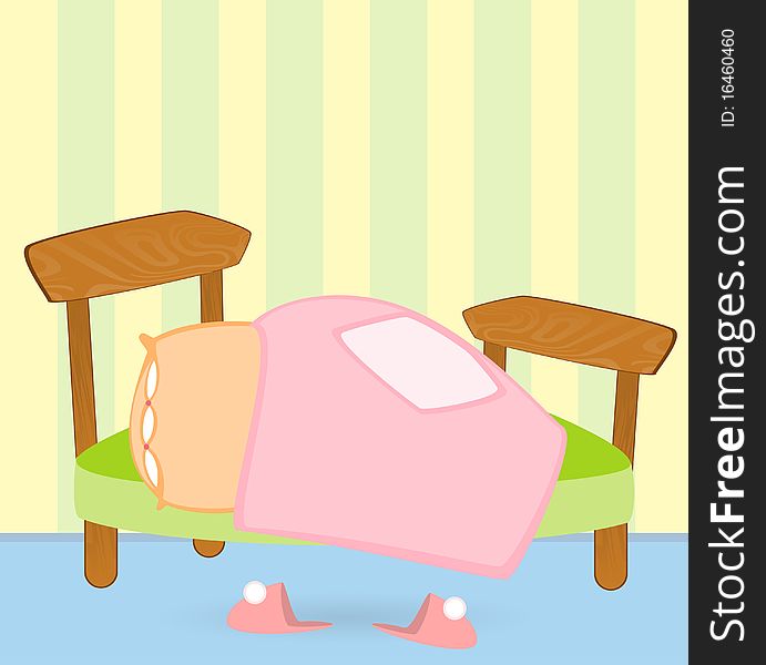 Cartoon bed with a blanket and pillow, pink slippers