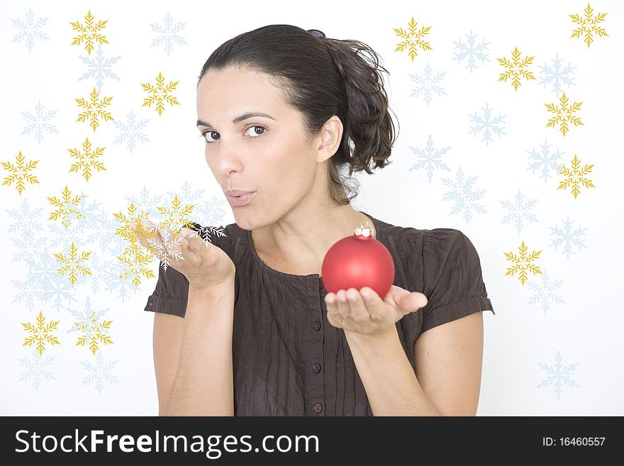 X-mas woman with two red glass beads on Christmas. X-mas woman with two red glass beads on Christmas