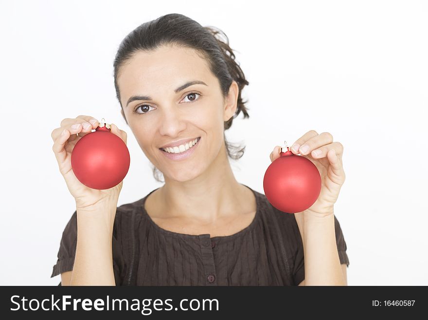 X-mas woman with two red glass beads on Christmas. X-mas woman with two red glass beads on Christmas