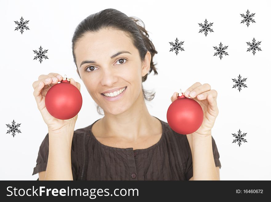 X-mas woman with two red glass beads on Christmas. X-mas woman with two red glass beads on Christmas