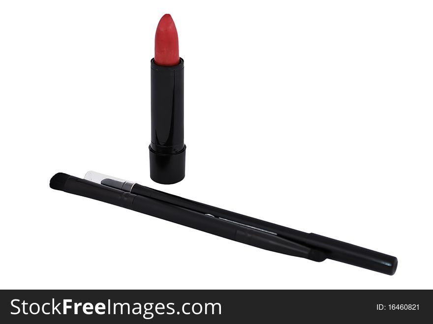 Eye shadow and lipstick on a white background