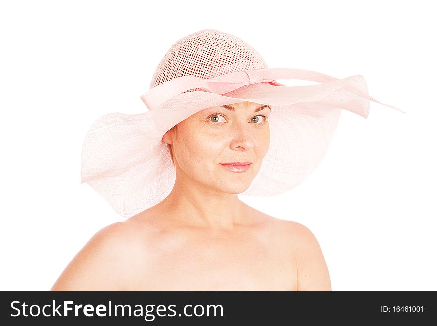 Mature attractive woman in hat smiling. Mature attractive woman in hat smiling