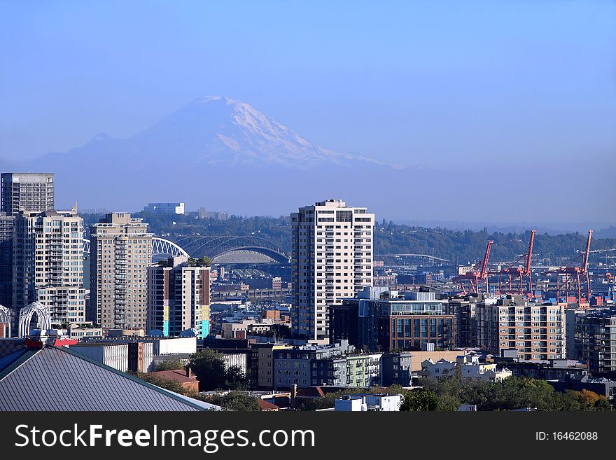 Mt. Rainier & buildings in Seattle WA.