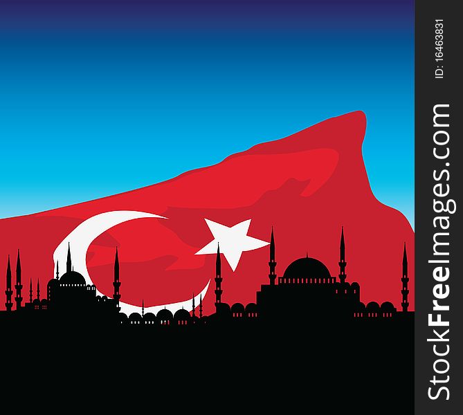 Cityscape of Istanbul isolated on Turkish flag