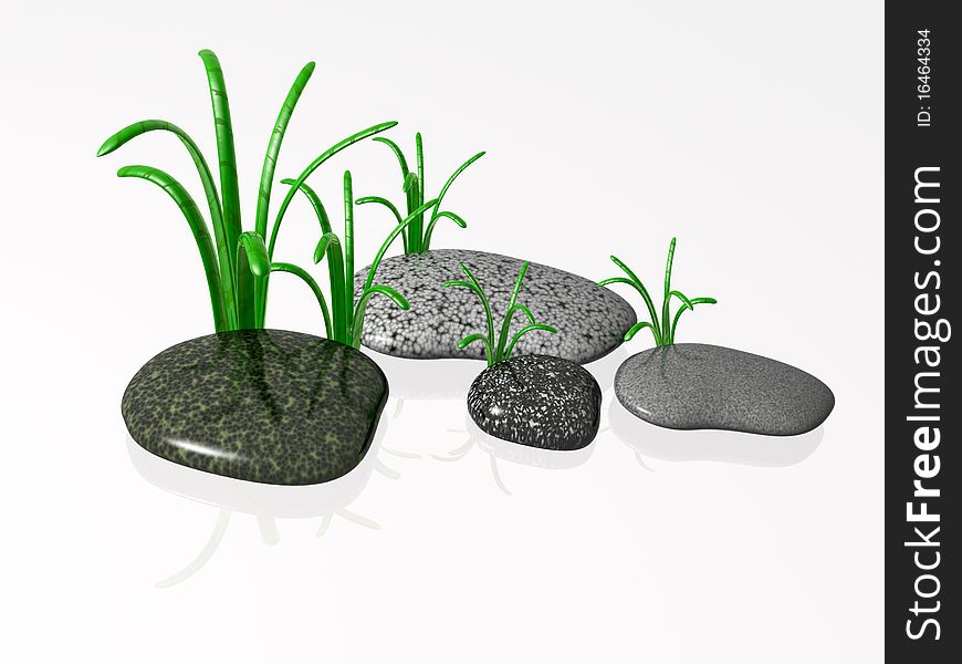 Spa stones with grass on white reflective background.