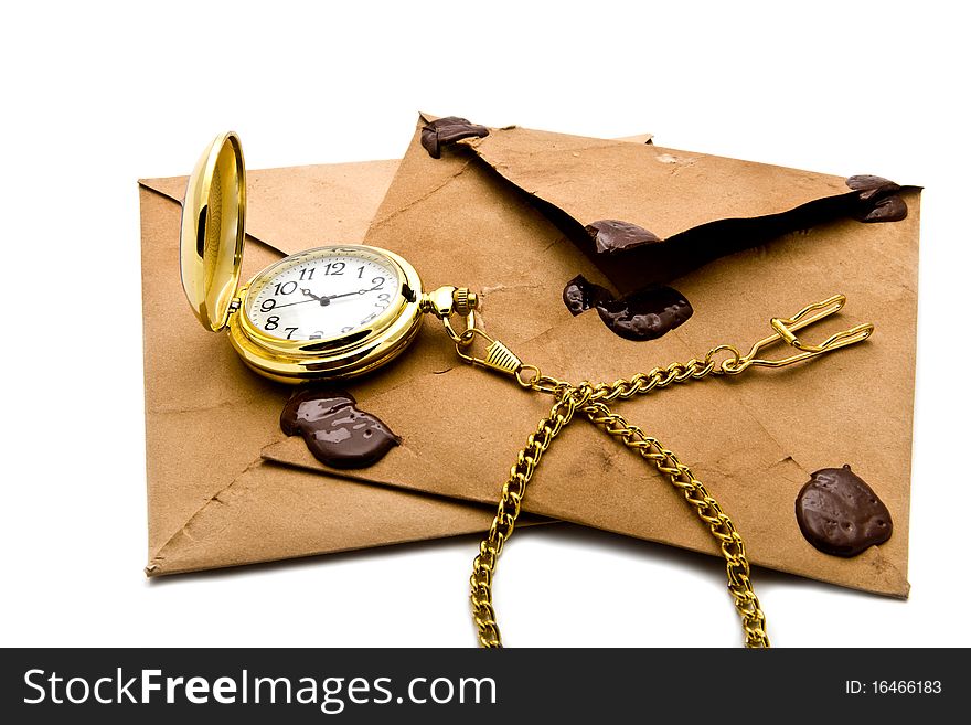 Envelopes and clock on a white background