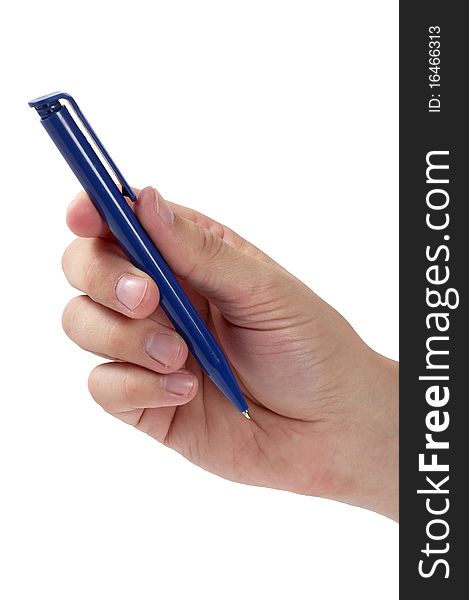 Blue plastic pen in the hand isolated over white background. Blue plastic pen in the hand isolated over white background