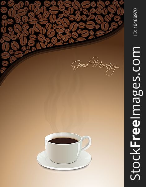 Illustration of hot coffee with coffee beans and good morning text. Illustration of hot coffee with coffee beans and good morning text