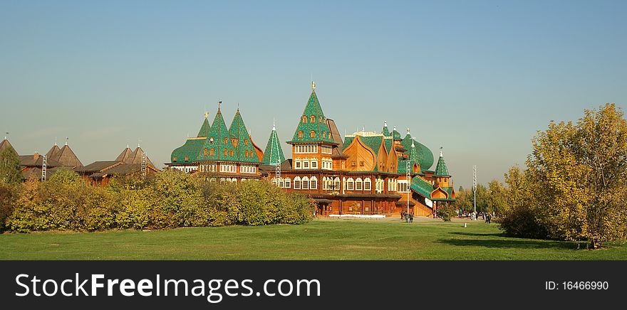 Wooden palace in Kolomenskoe (panorama). Reconstruction of the building 17 century, Moscow, Russia