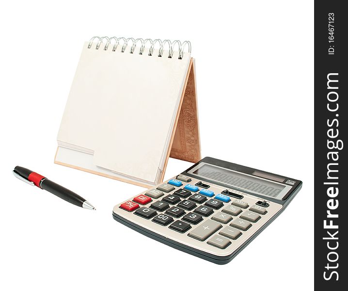 Calculator, a pen, a diary on a white background