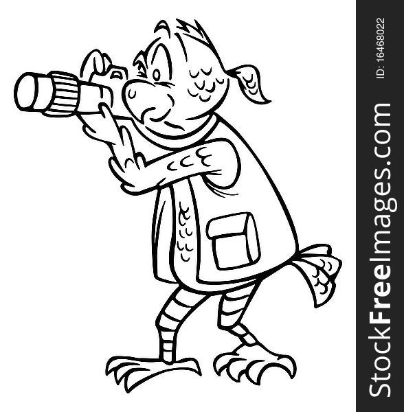 Cartoon outline illustration of a photographer bird