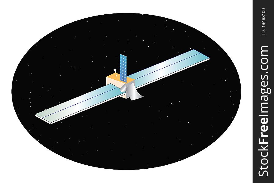 Cartoon illustration of a satellite in orbit