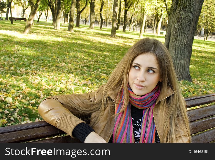 Horizontal portrait of a beautiful young woman sitting on a bench in the park around a lot of yellow, red green leaves. Horizontal portrait of a beautiful young woman sitting on a bench in the park around a lot of yellow, red green leaves.