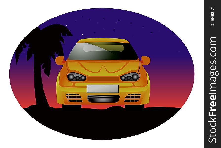 Cartoon outline illustration of a sports car sunset