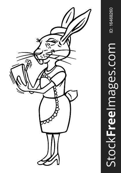 Cartoon outline illustration of a rabbit waitress