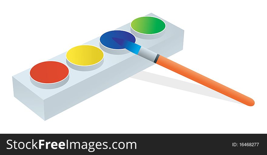 Cartoon outline illustration of a paintbrush and watercolors set