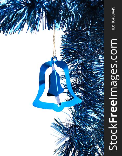 Blue shiny Christmas tinsel on white background. Blue shiny Christmas tinsel on white background