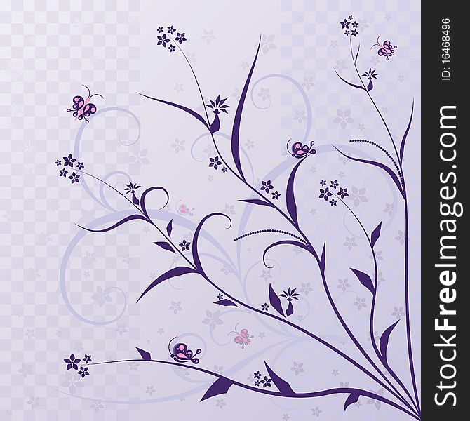 Square violet background with the image of elements of flora and butterflies. Square violet background with the image of elements of flora and butterflies