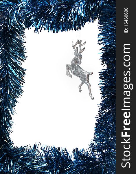 Christmas ornaments frame with silver deer and white background. Christmas ornaments frame with silver deer and white background