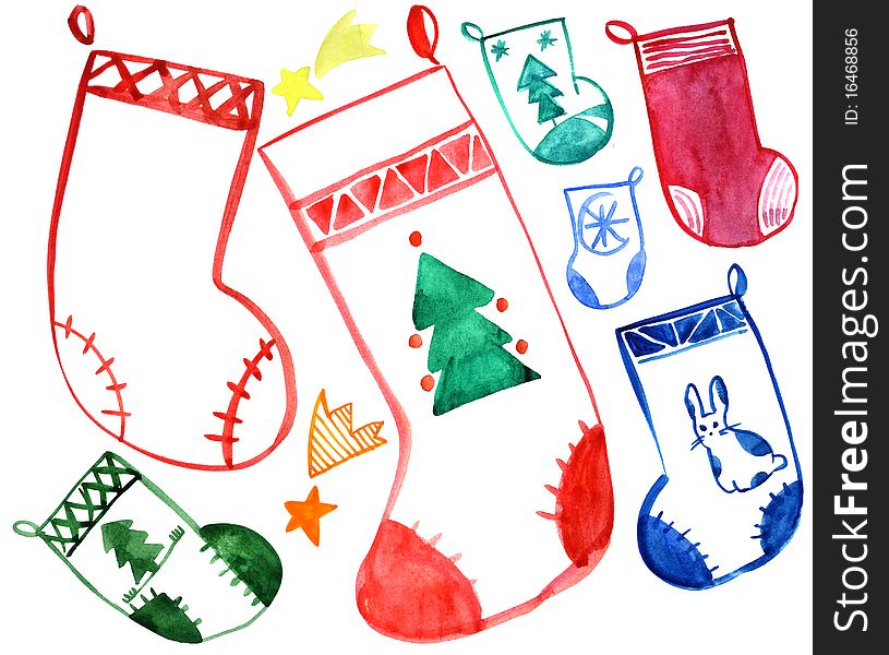 Christmas socks. Water color painting. Base for design