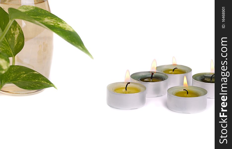 Spa still life with burn candles, green leaf and bottle of aromatic oil on white background