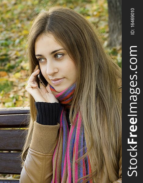 Young Caucasian woman calls on a mobile phone, sitting in a park on a wooden bench. Autumn around a lot of colorful foliage. Young Caucasian woman calls on a mobile phone, sitting in a park on a wooden bench. Autumn around a lot of colorful foliage