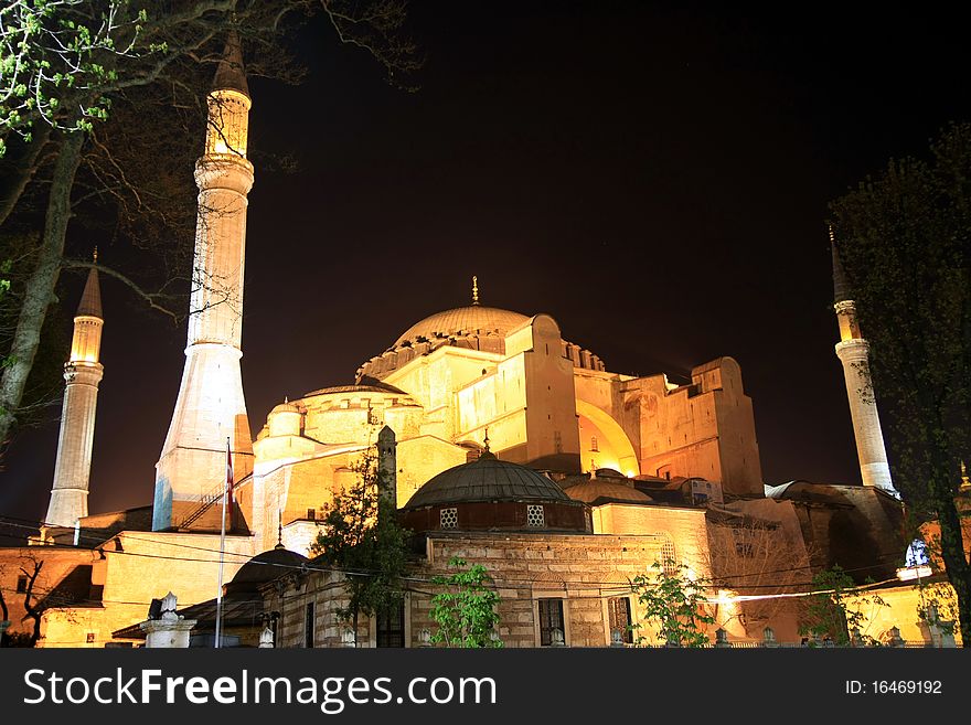 A view of Hagia Sophia at night in istanbul, Turkey. A view of Hagia Sophia at night in istanbul, Turkey.