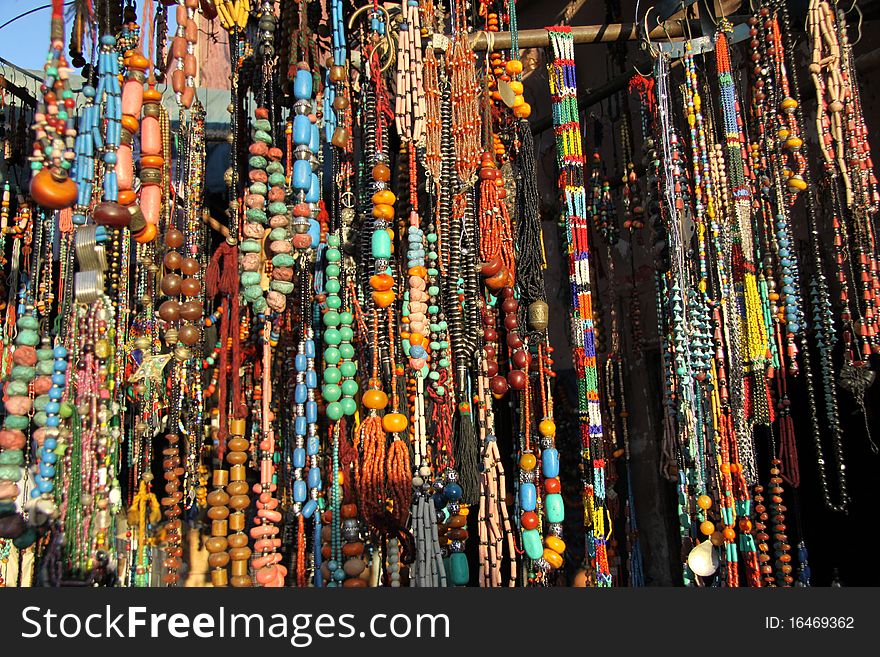 Colorful necklaces on morocco oriental market