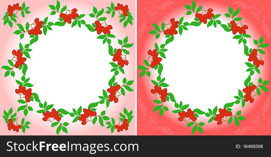 Set of two mountain ash wreaths on different backgrounds. Set of two mountain ash wreaths on different backgrounds