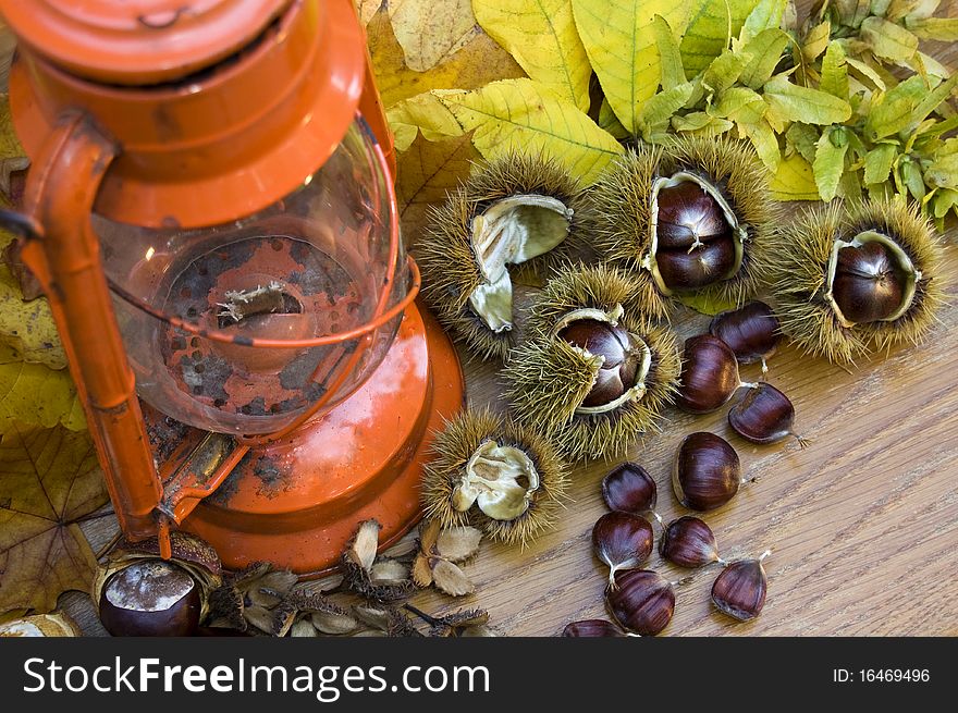 Still life with an old orange Kerosene lamp with Spanish chestnuts, autumn leaves and maple leaves, beechnuts and chestnuts. Everything is decorated on a wood table. Still life with an old orange Kerosene lamp with Spanish chestnuts, autumn leaves and maple leaves, beechnuts and chestnuts. Everything is decorated on a wood table.