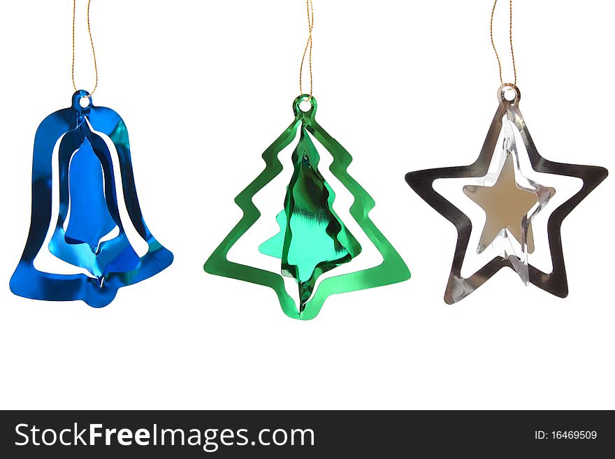 Christmas ornaments set - a tinsel bell, tree and star isolated on white