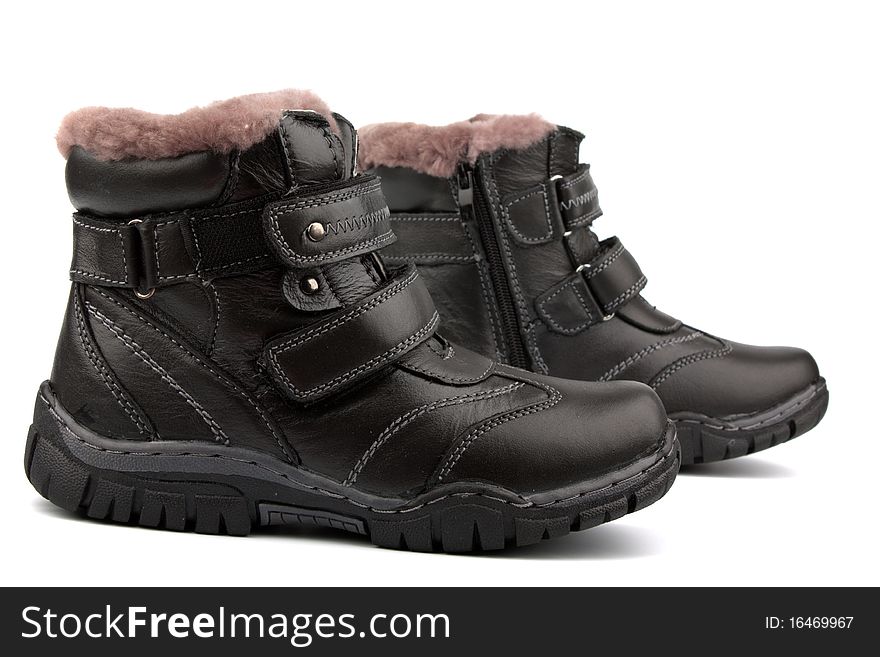 Children's boots back, leather, winter on a white background