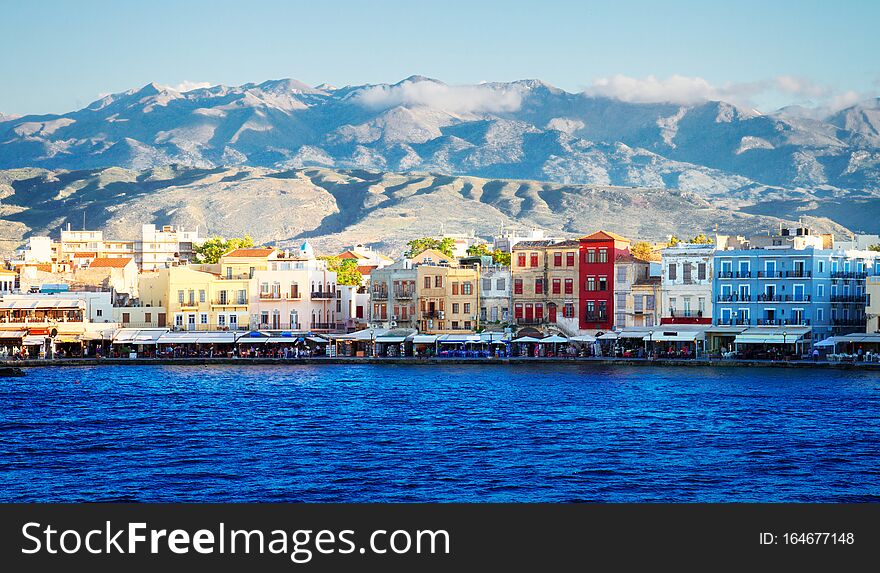 Venetian habour of Chania at sunny day, Crete, Greece, web banner format. Venetian habour of Chania at sunny day, Crete, Greece, web banner format