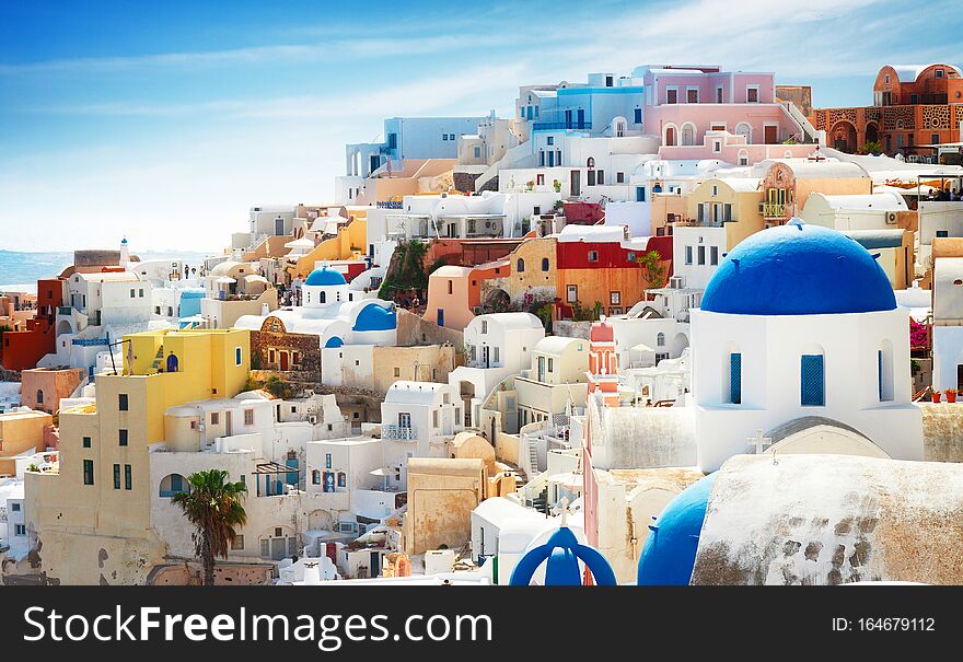 Cityscape of Oia, traditional greek village of Santorini, Greecer, web banner format
